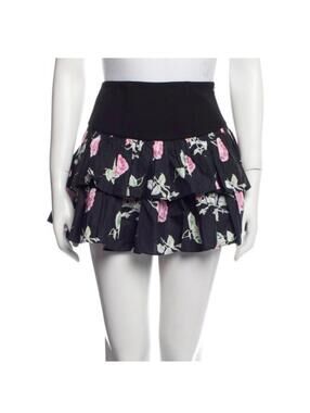 LoveShackFancy Black Floral Tiered Rose Mini Skirt